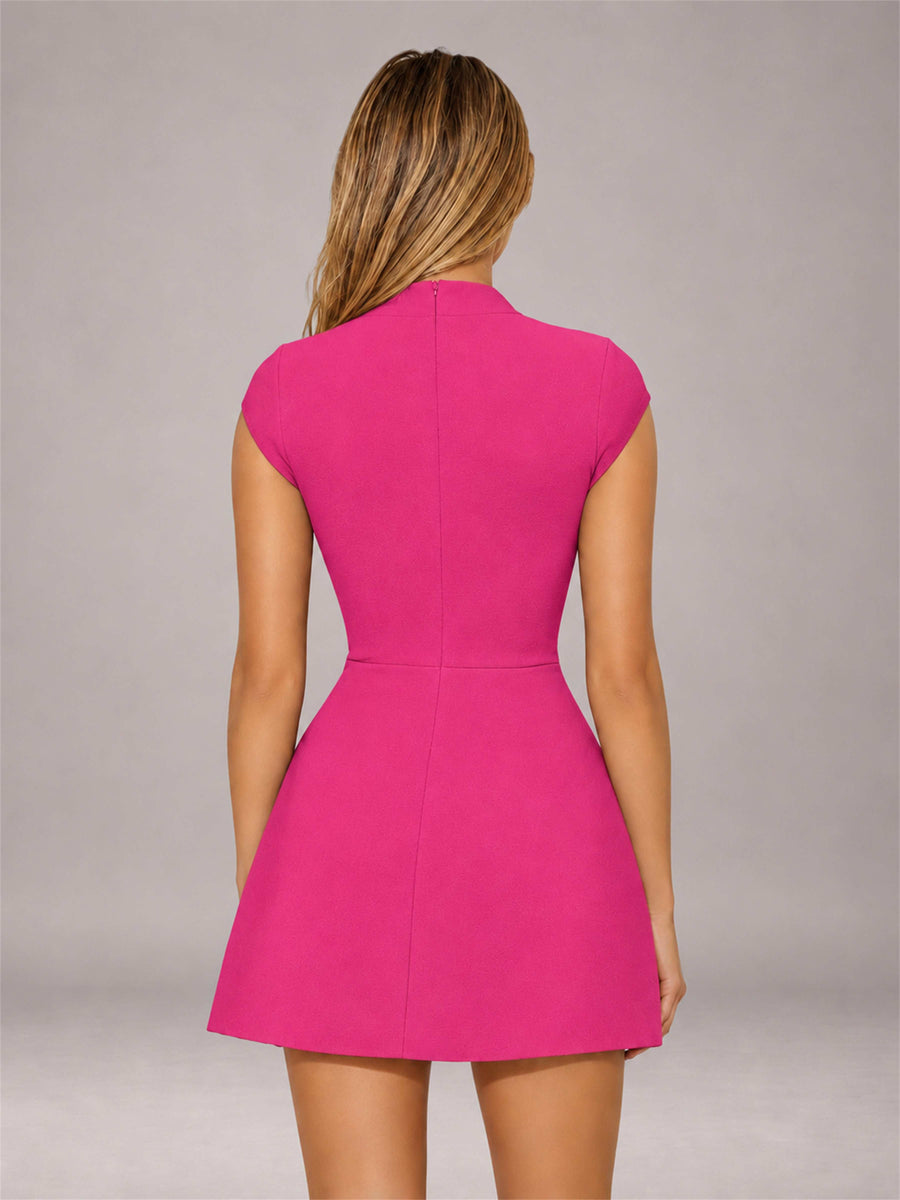 Hot Pink High Neck Cap Sleeve Fit Flare Mini Homecoming Dress