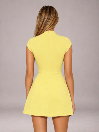 Light Yellow High Neck Cap Sleeve Fit Flare Mini Homecoming Dress