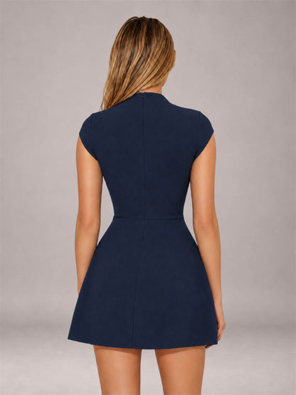 Navy Blue High Neck Cap Sleeve Fit Flare Mini Homecoming Dress