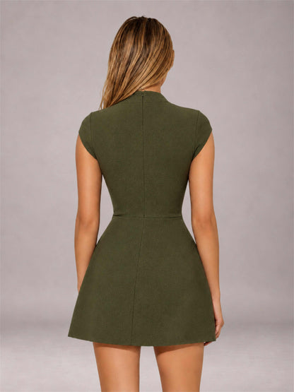 Olive Green High Neck Cap Sleeve Fit Flare Mini Homecoming Dress