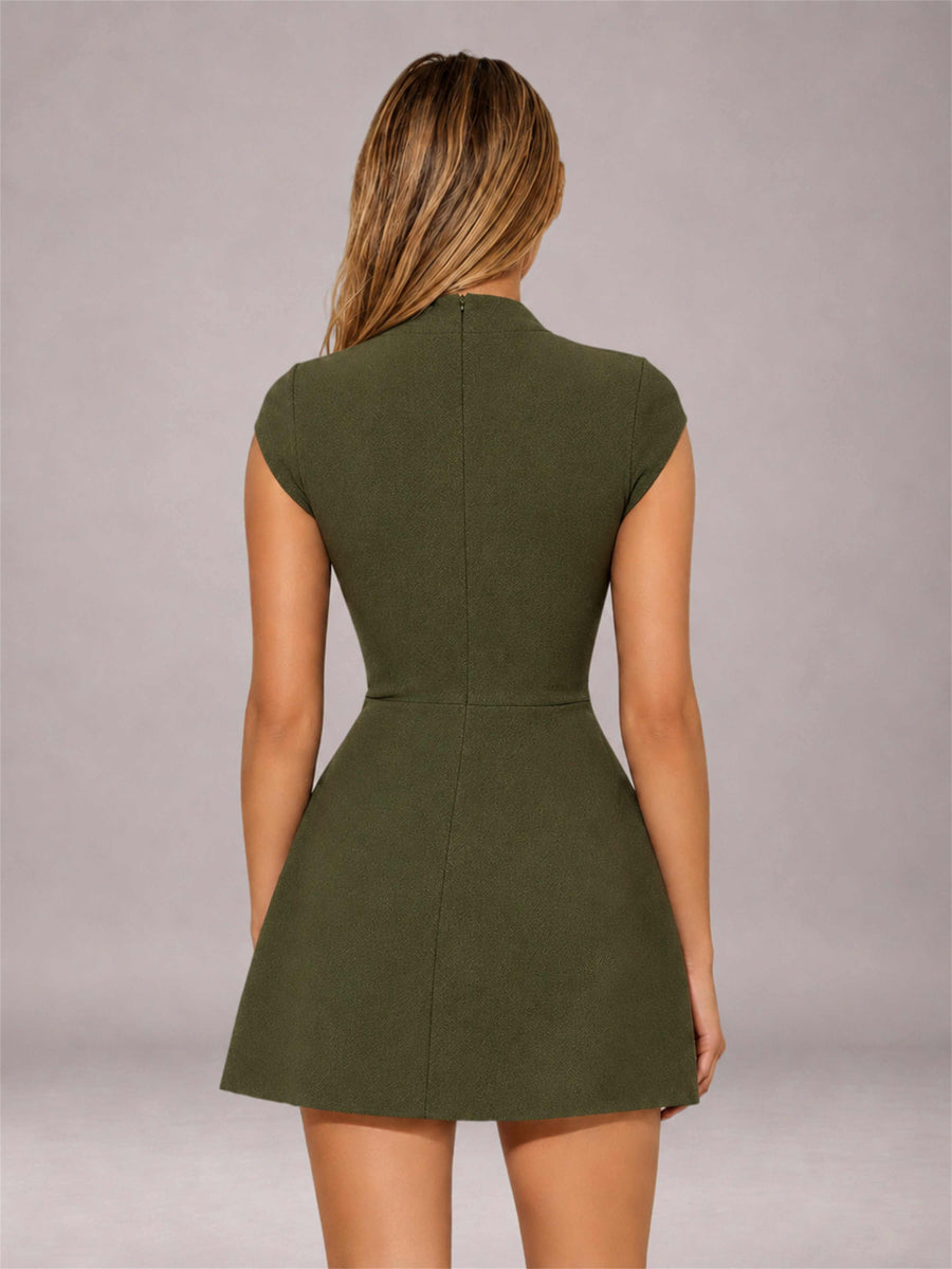 Olive Green High Neck Cap Sleeve Fit Flare Mini Homecoming Dress