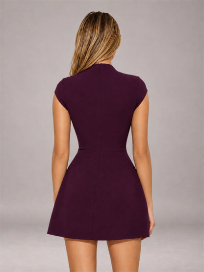 Plum High Neck Cap Sleeve Fit Flare Mini Homecoming Dress