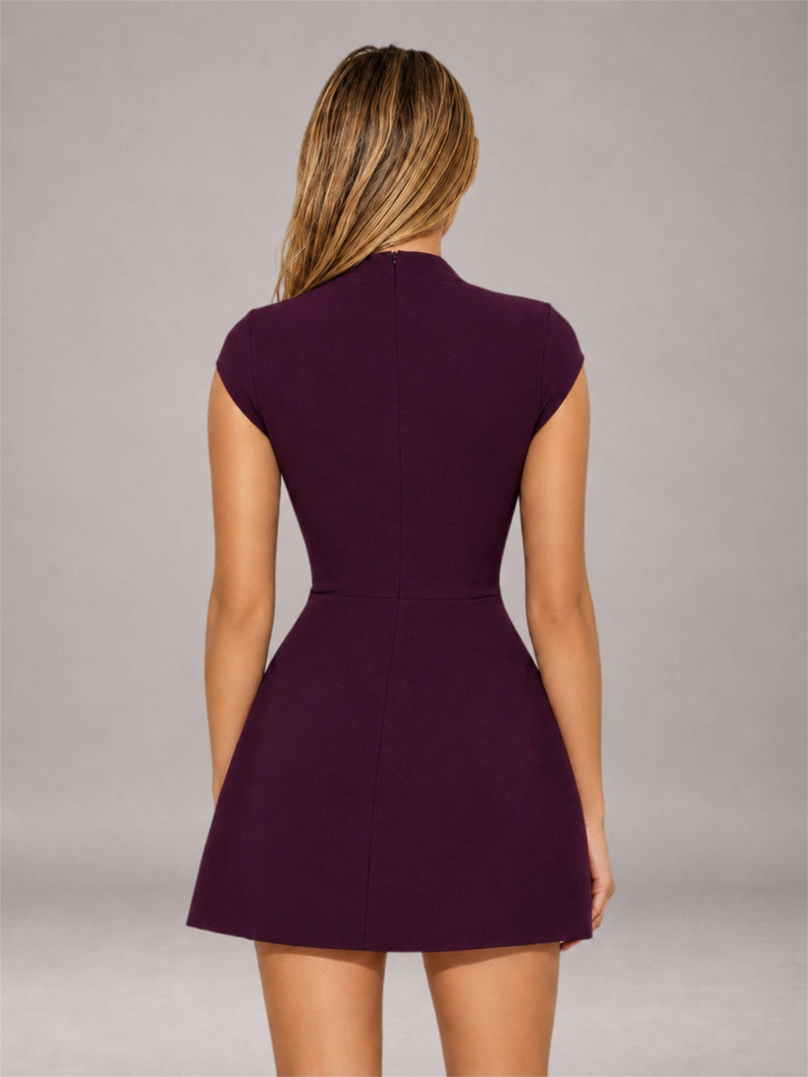 Plum High Neck Cap Sleeve Fit Flare Mini Homecoming Dress