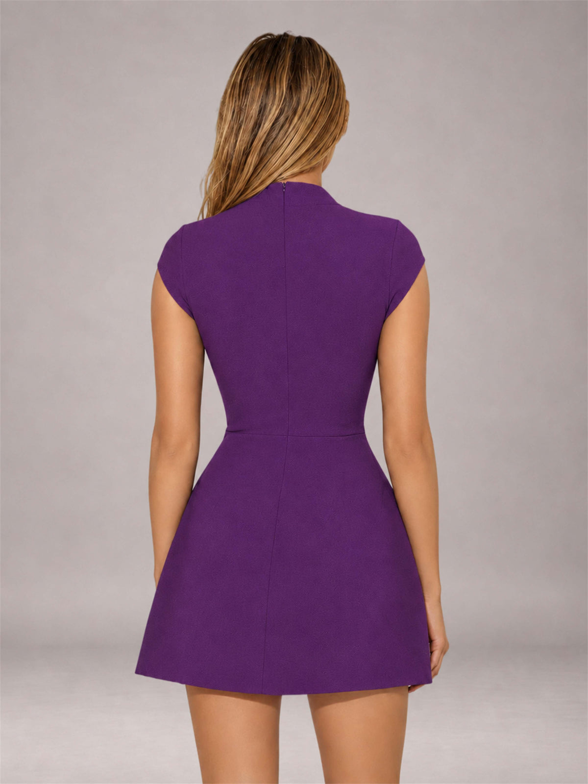 Purple High Neck Cap Sleeve Fit Flare Mini Homecoming Dress