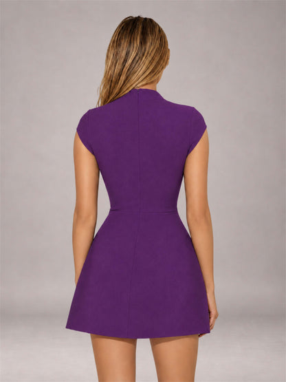 Purple High Neck Cap Sleeve Fit Flare Mini Homecoming Dress