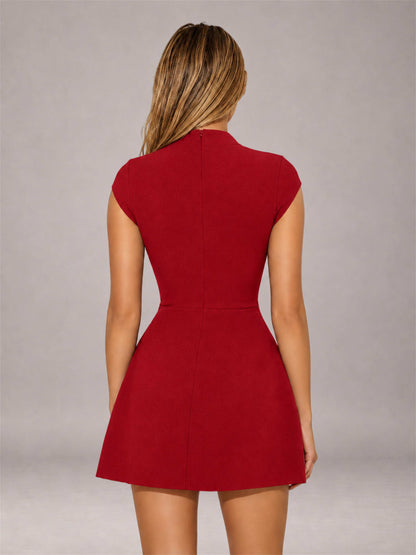 Red High Neck Cap Sleeve Fit Flare Mini Homecoming Dress