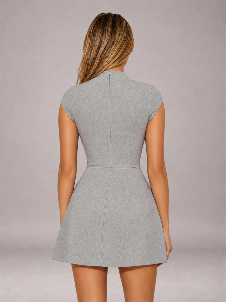 Silver High Neck Cap Sleeve Fit Flare Mini Homecoming Dress