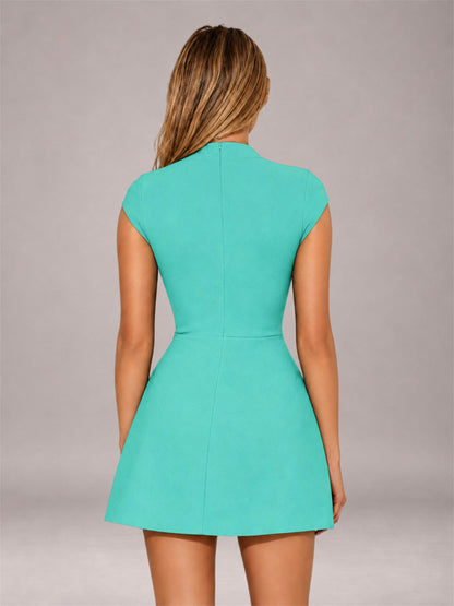 Turquoise High Neck Cap Sleeve Fit Flare Mini Homecoming Dress