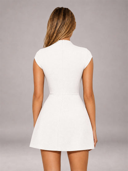 White High Neck Cap Sleeve Fit Flare Mini Homecoming Dress