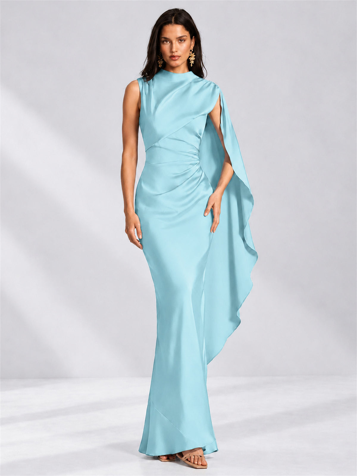 High Neck Mermaid Satin Lace Up Back Wedding Guest Dress with Cape
