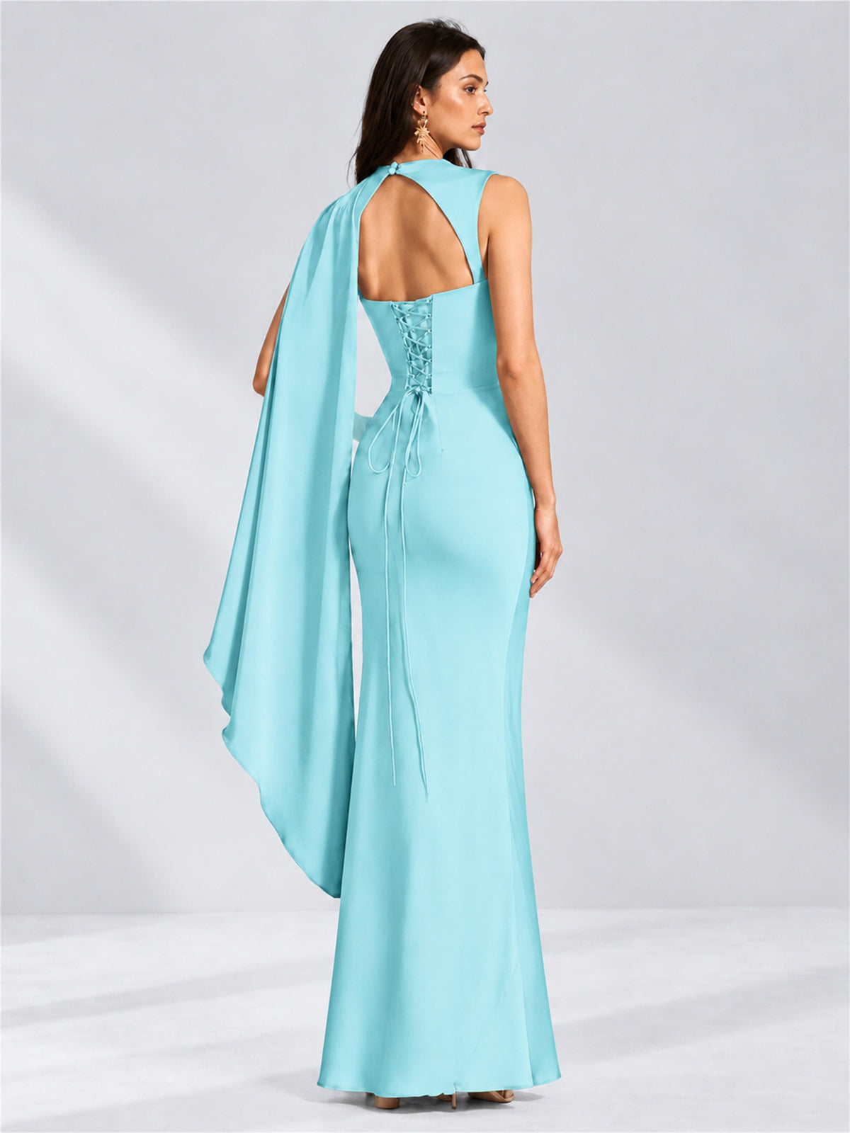 High Neck Mermaid Satin Lace Up Back Wedding Guest Dress with Cape