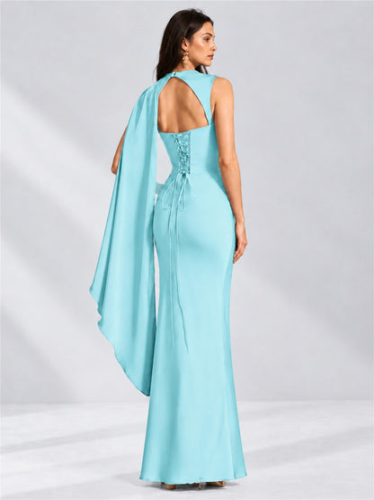 High Neck Mermaid Satin Lace Up Back Wedding Guest Dress with Cape