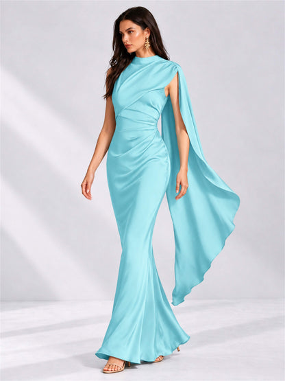 High Neck Mermaid Satin Lace Up Back Wedding Guest Dress with Cape