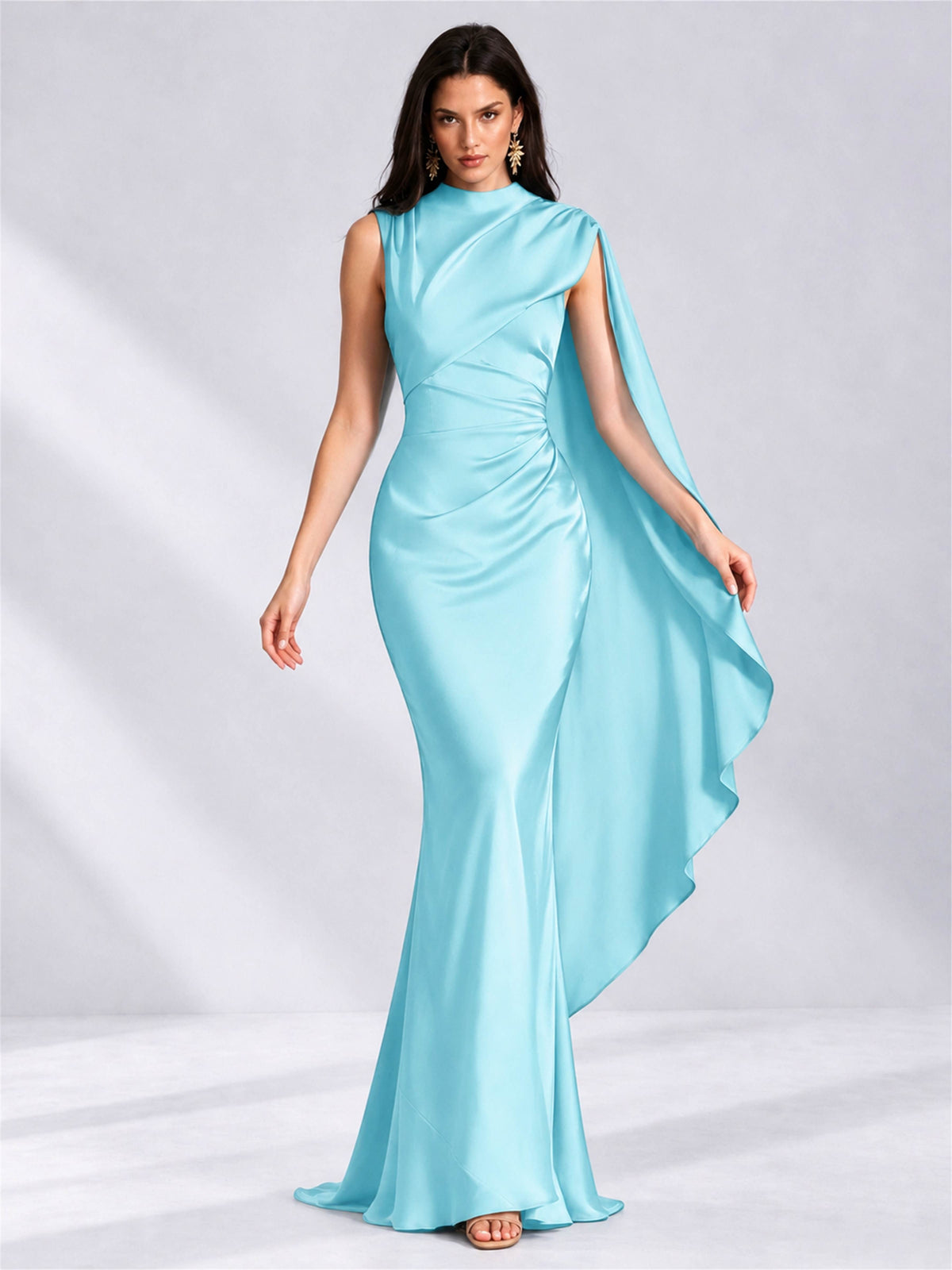 High Neck Mermaid Satin Lace Up Back Wedding Guest Dress with Cape