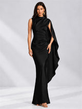 High Neck Mermaid Satin Lace Up Back Wedding Guest Dress with Cape