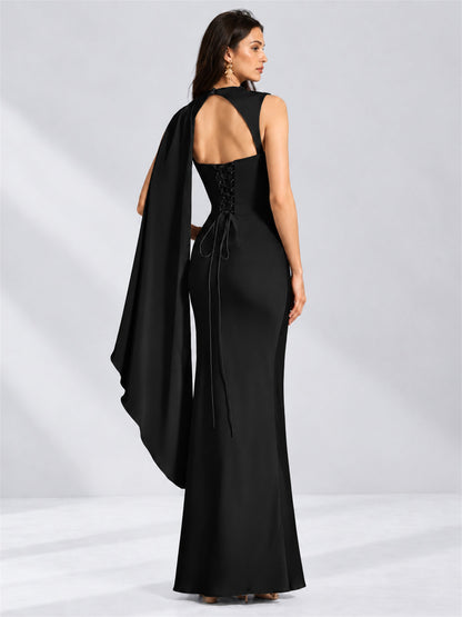 High Neck Mermaid Satin Lace Up Back Wedding Guest Dress with Cape