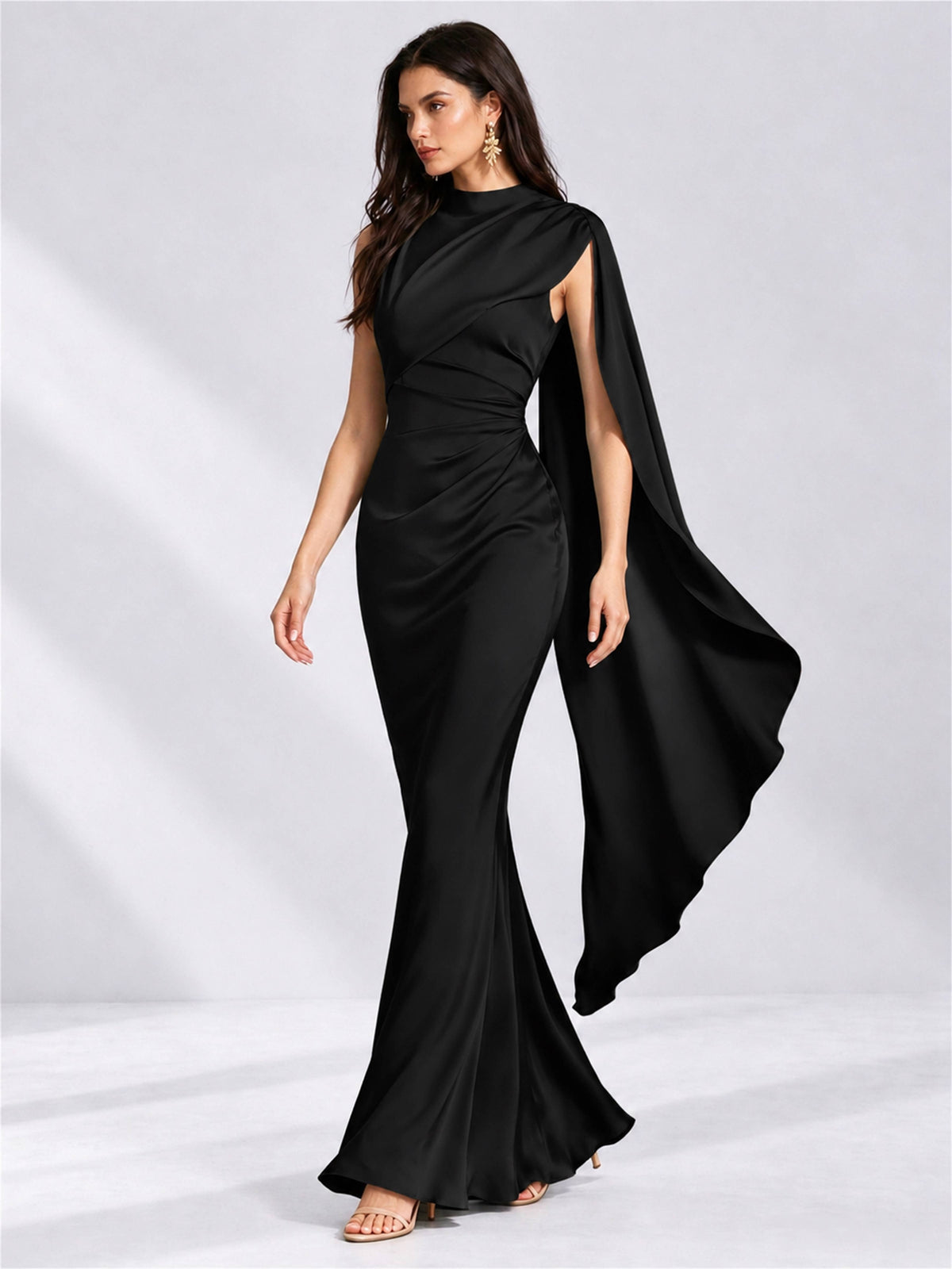 High Neck Mermaid Satin Lace Up Back Wedding Guest Dress with Cape