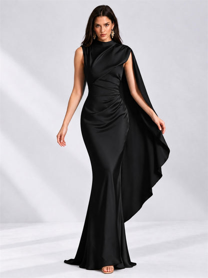 High Neck Mermaid Satin Lace Up Back Wedding Guest Dress with Cape