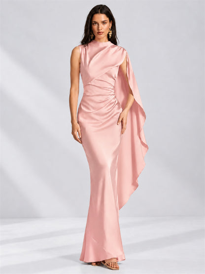 High Neck Mermaid Satin Lace Up Back Wedding Guest Dress with Cape