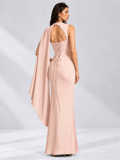 High Neck Mermaid Satin Lace Up Back Wedding Guest Dress with Cape