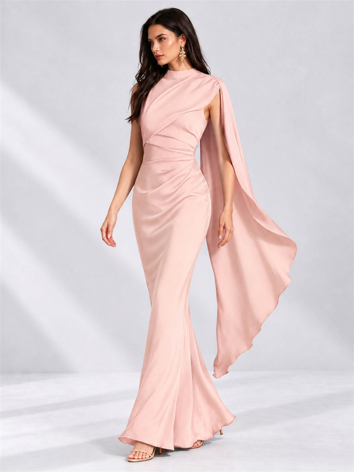 High Neck Mermaid Satin Lace Up Back Wedding Guest Dress with Cape