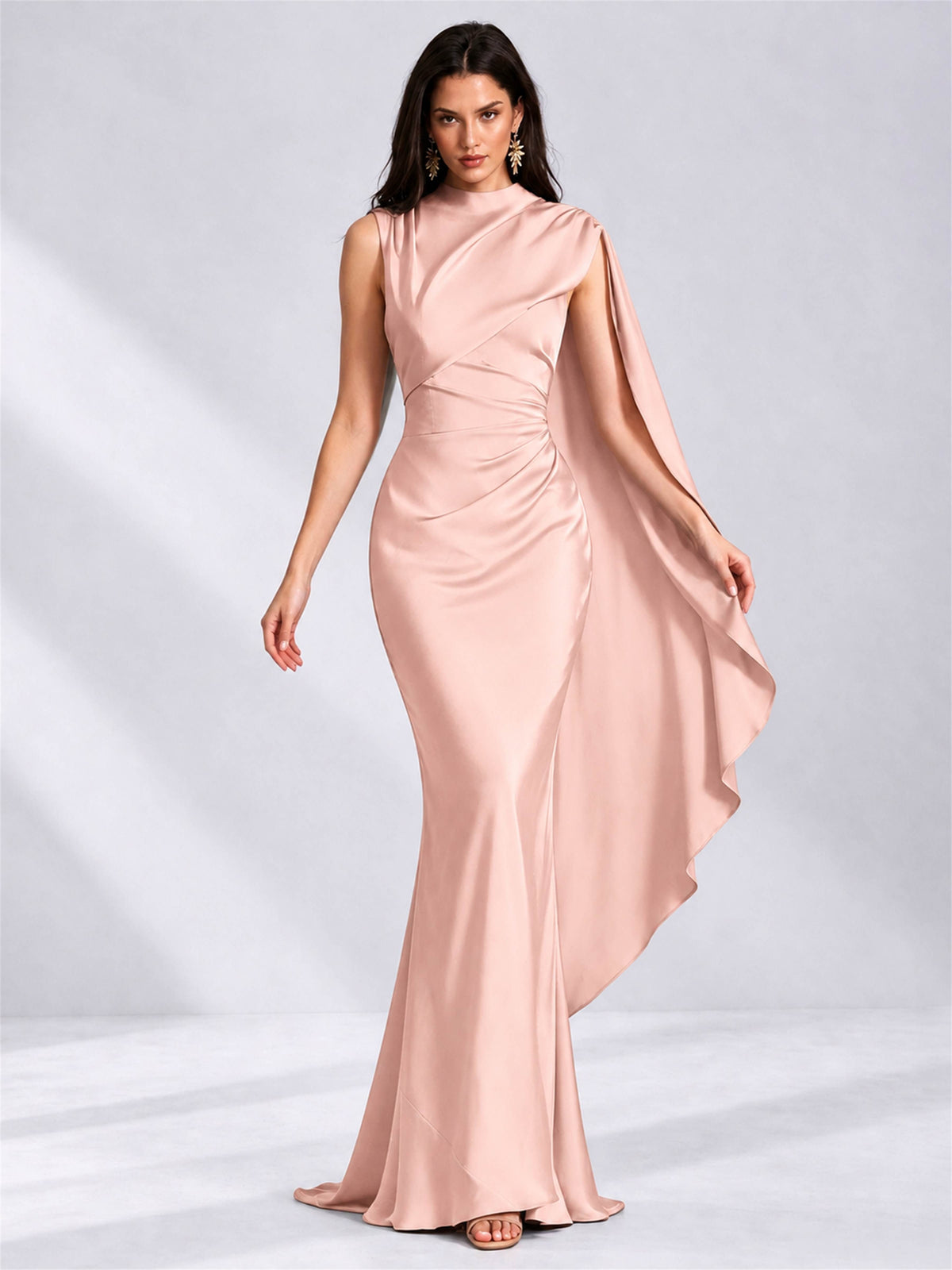 High Neck Mermaid Satin Lace Up Back Wedding Guest Dress with Cape