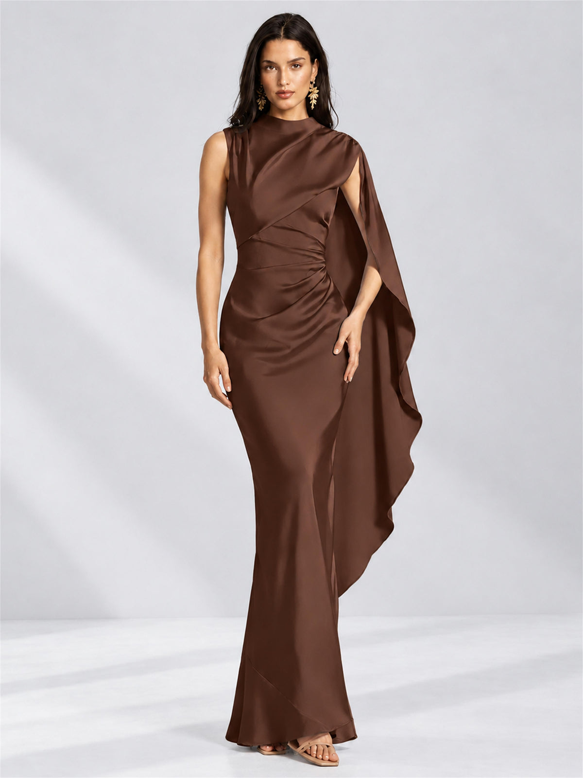 High Neck Mermaid Satin Lace Up Back Wedding Guest Dress with Cape
