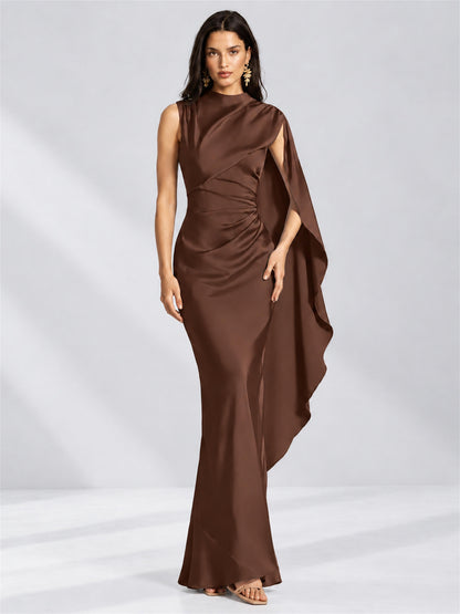 High Neck Mermaid Satin Lace Up Back Wedding Guest Dress with Cape