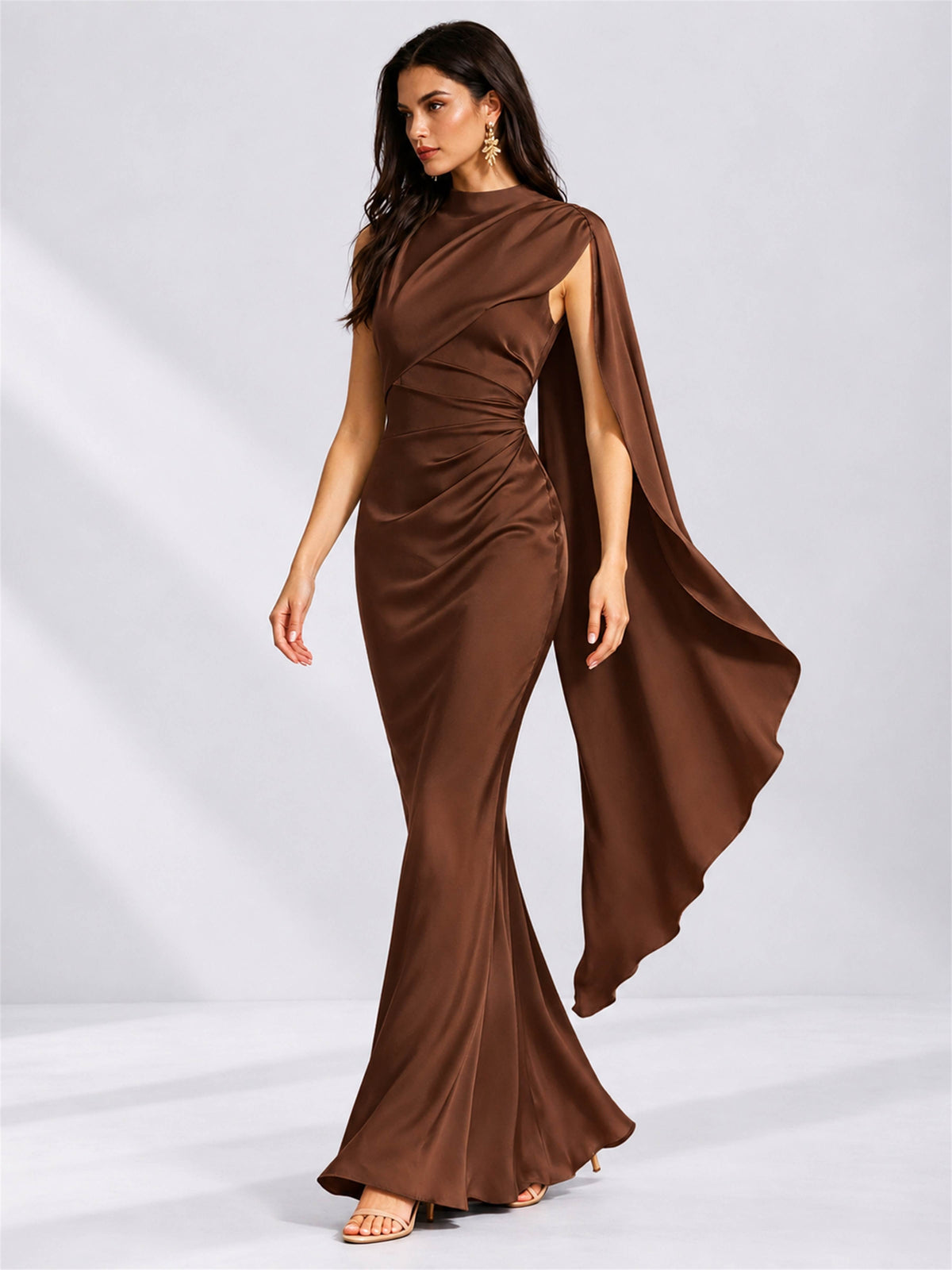 High Neck Mermaid Satin Lace Up Back Wedding Guest Dress with Cape