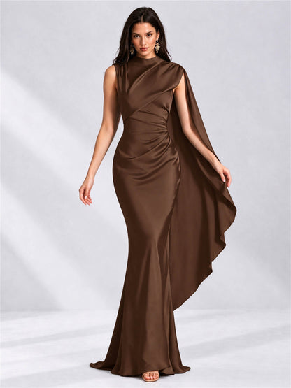 High Neck Mermaid Satin Lace Up Back Wedding Guest Dress with Cape