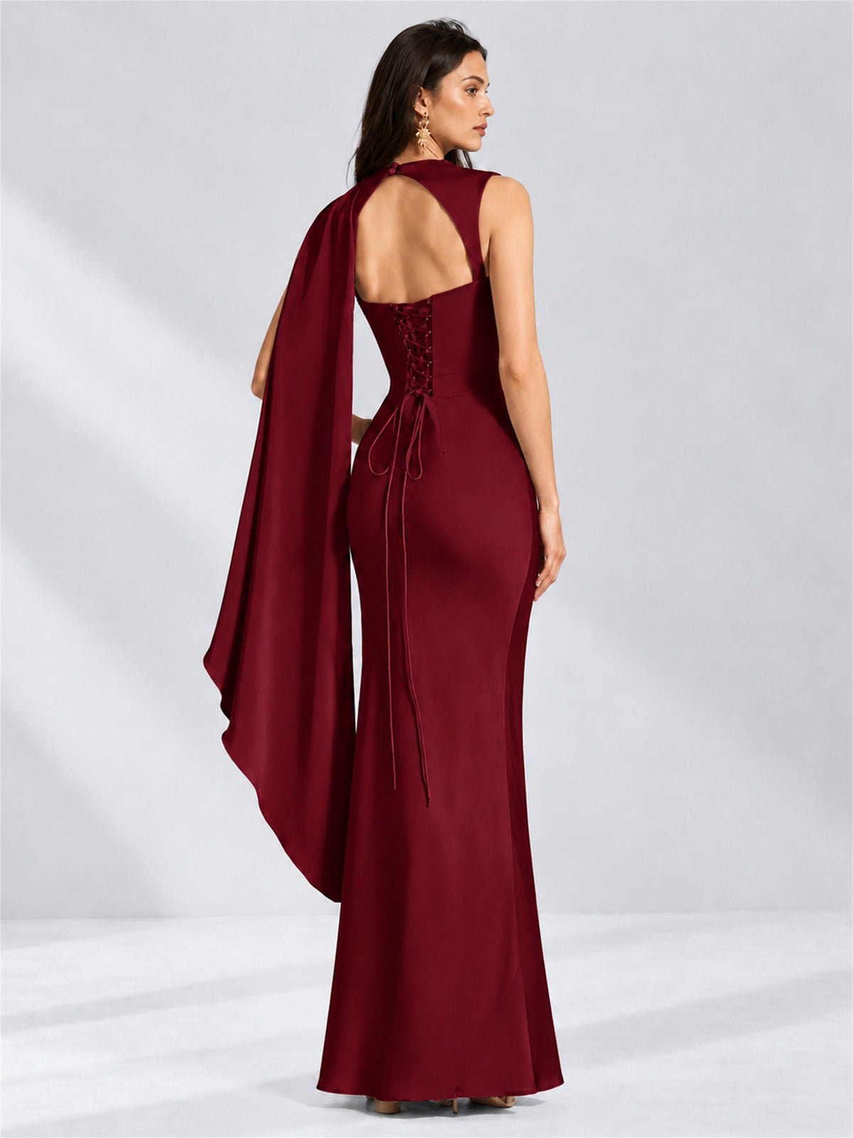 High Neck Mermaid Satin Lace Up Back Wedding Guest Dress with Cape