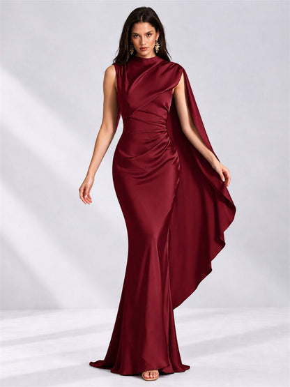 High Neck Mermaid Satin Lace Up Back Wedding Guest Dress with Cape