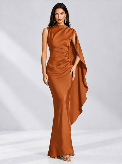 High Neck Mermaid Satin Lace Up Back Wedding Guest Dress with Cape