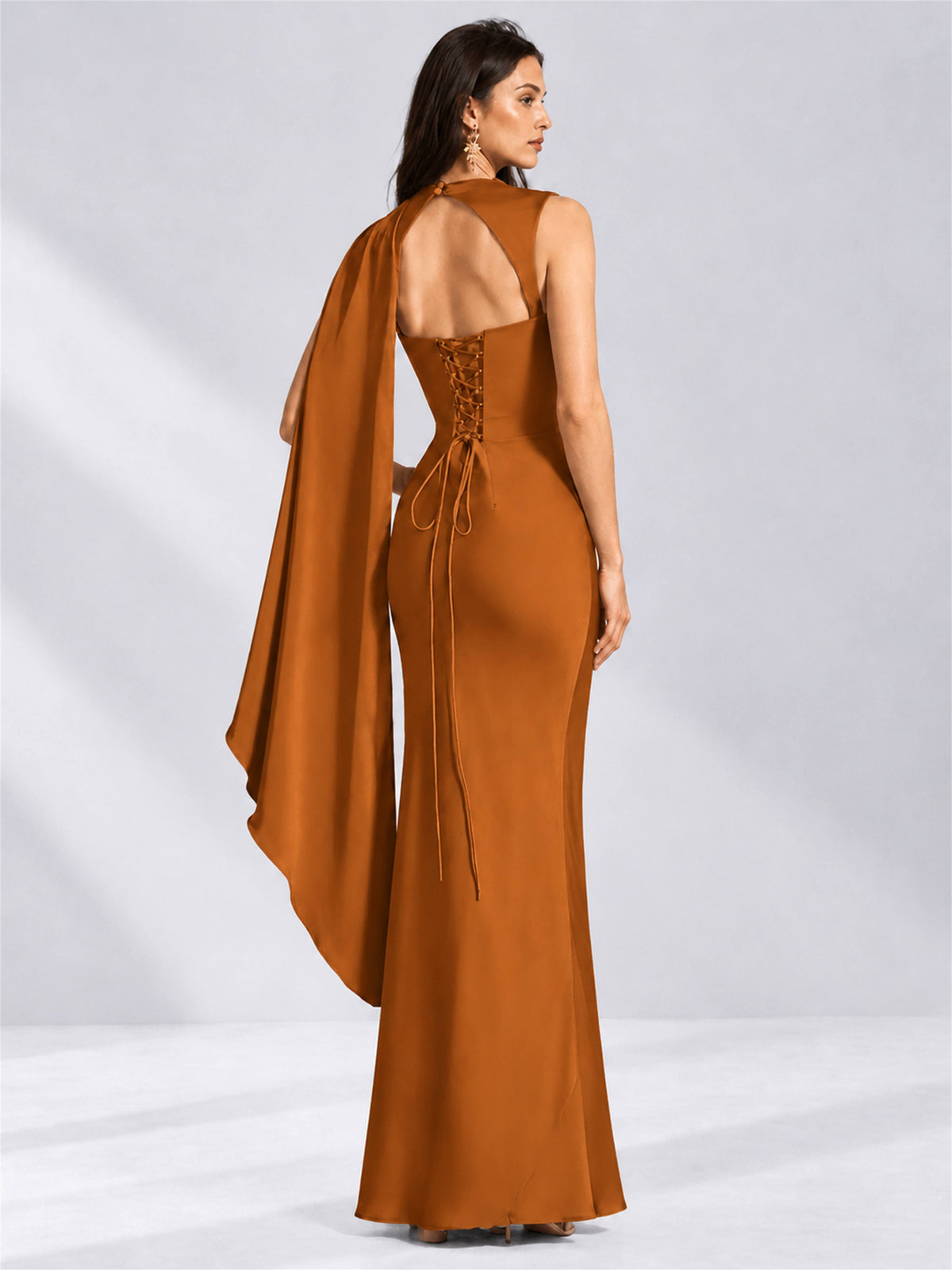 High Neck Mermaid Satin Lace Up Back Wedding Guest Dress with Cape