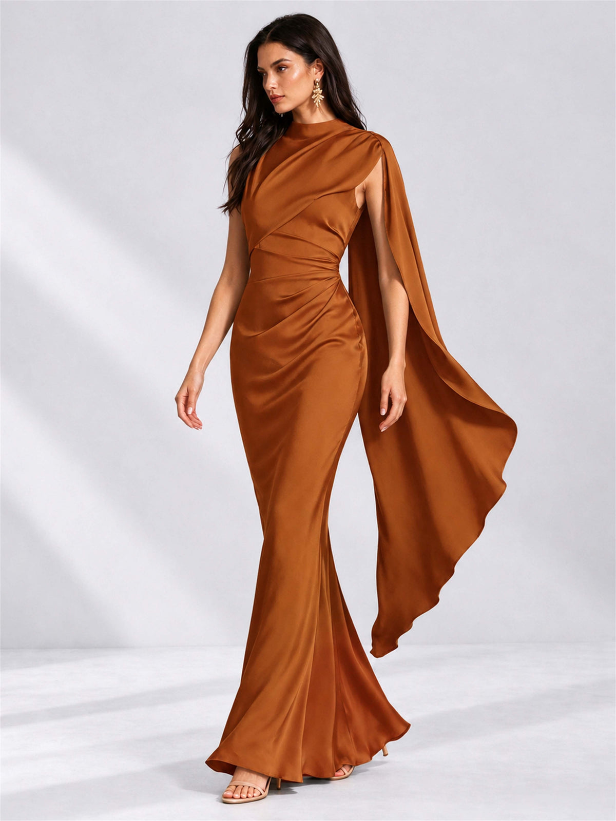 High Neck Mermaid Satin Lace Up Back Wedding Guest Dress with Cape