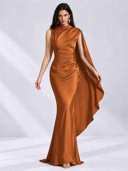 High Neck Mermaid Satin Lace Up Back Wedding Guest Dress with Cape