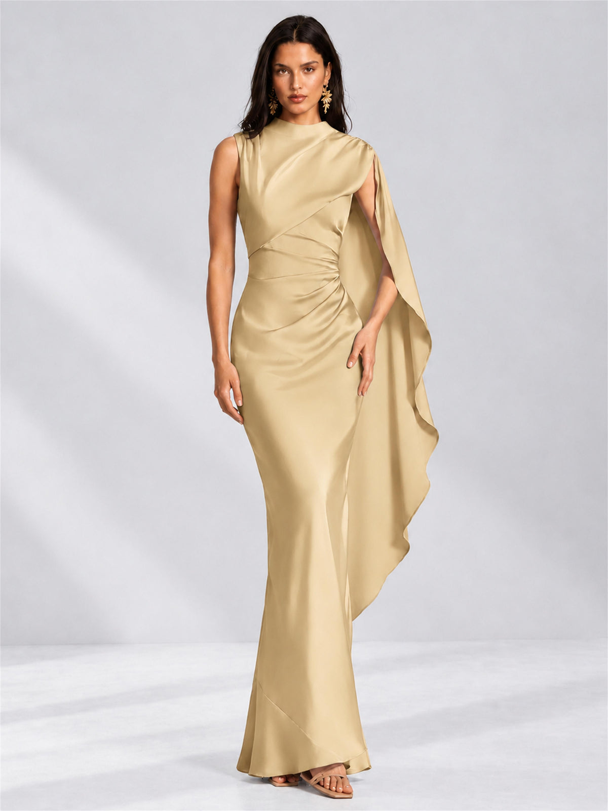 High Neck Mermaid Satin Lace Up Back Wedding Guest Dress with Cape