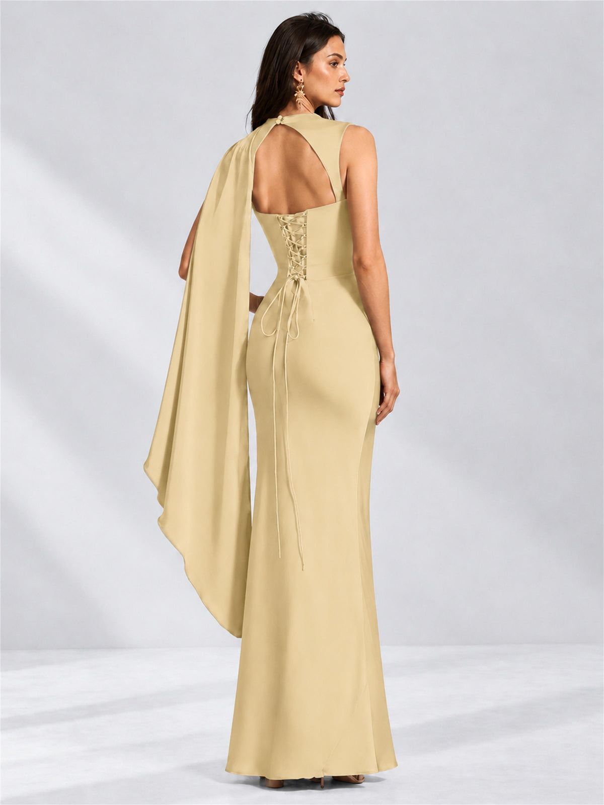 High Neck Mermaid Satin Lace Up Back Wedding Guest Dress with Cape