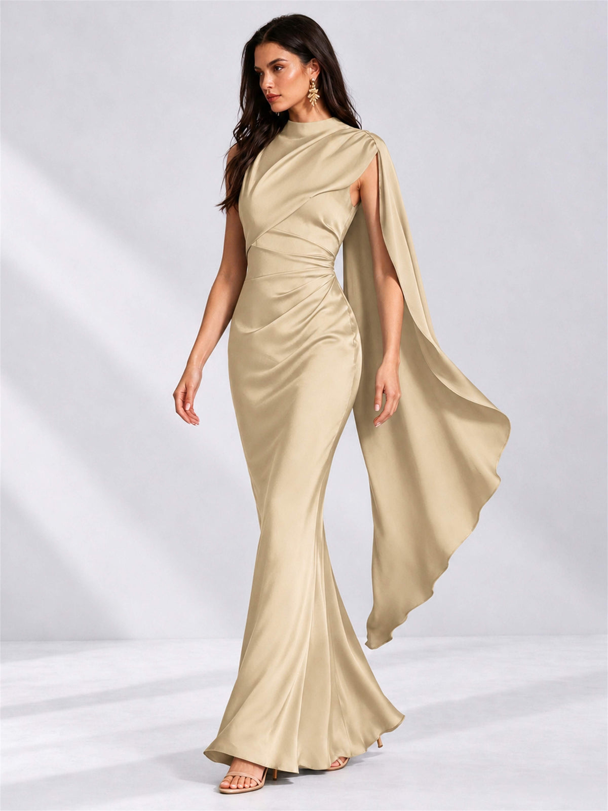 High Neck Mermaid Satin Lace Up Back Wedding Guest Dress with Cape