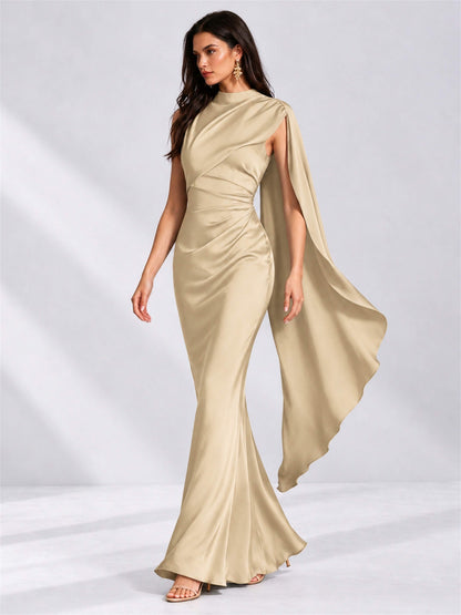 High Neck Mermaid Satin Lace Up Back Wedding Guest Dress with Cape