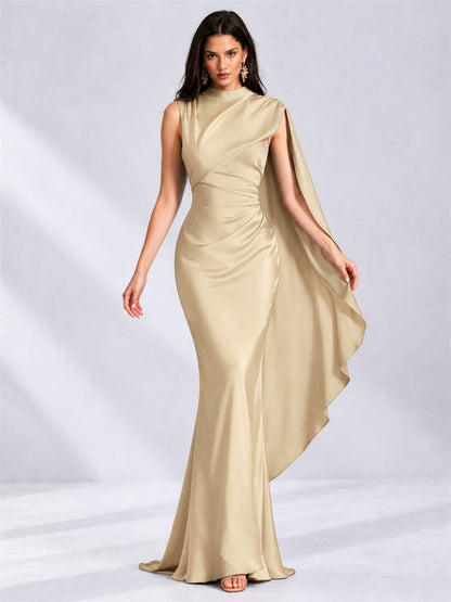 High Neck Mermaid Satin Lace Up Back Wedding Guest Dress with Cape