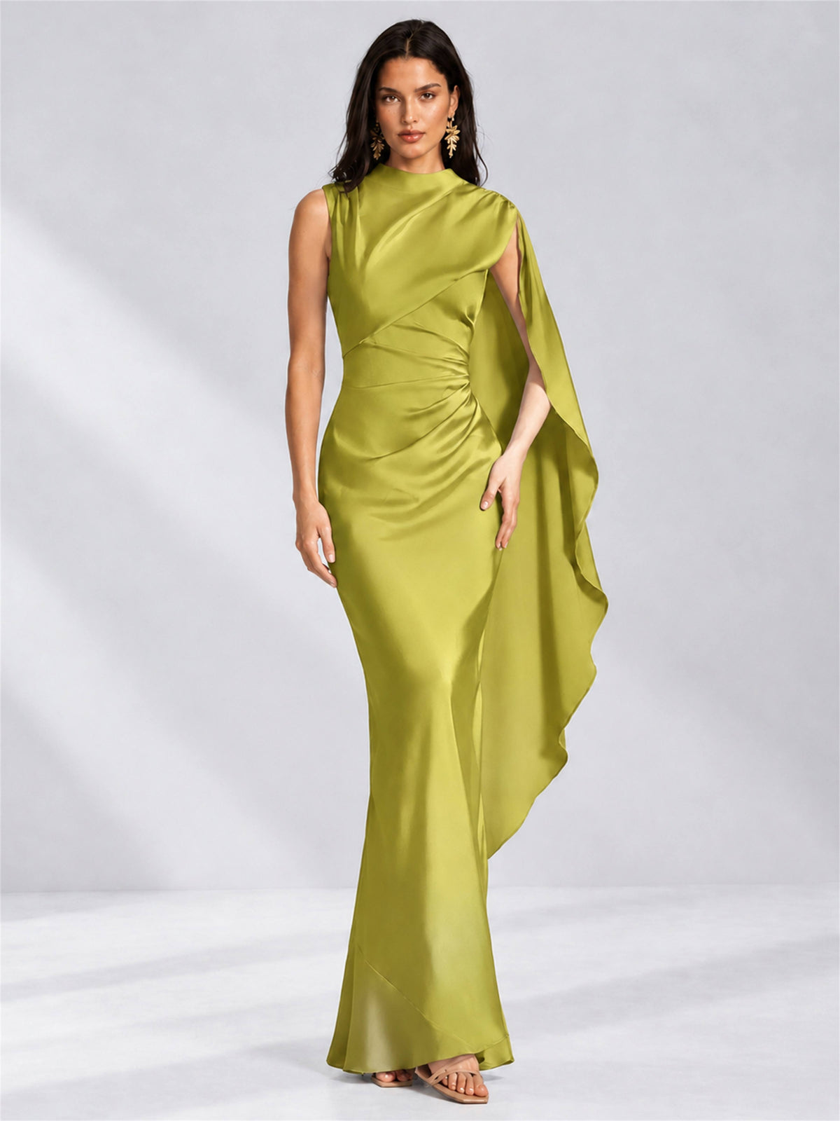 High Neck Mermaid Satin Lace Up Back Wedding Guest Dress with Cape