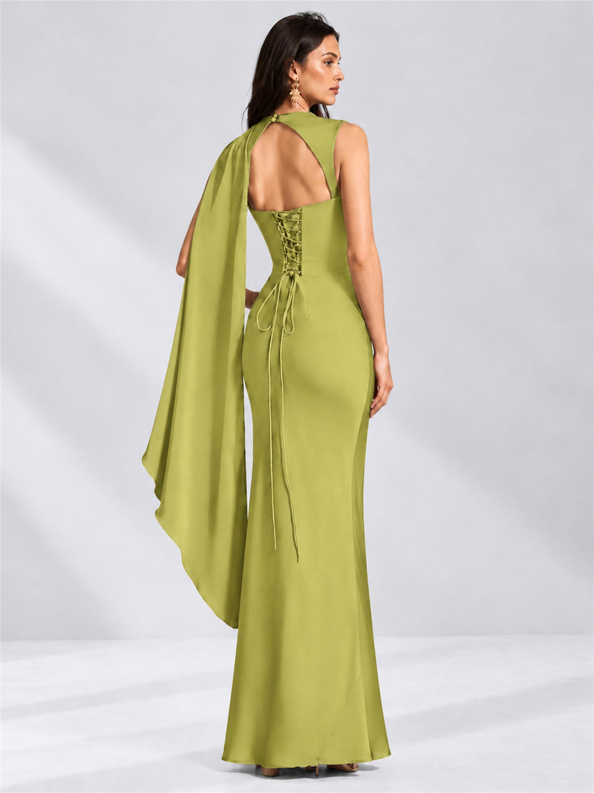 High Neck Mermaid Satin Lace Up Back Wedding Guest Dress with Cape