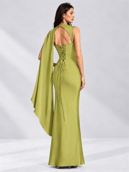 High Neck Mermaid Satin Lace Up Back Wedding Guest Dress with Cape
