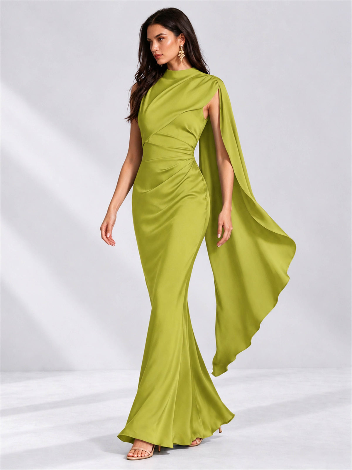 High Neck Mermaid Satin Lace Up Back Wedding Guest Dress with Cape