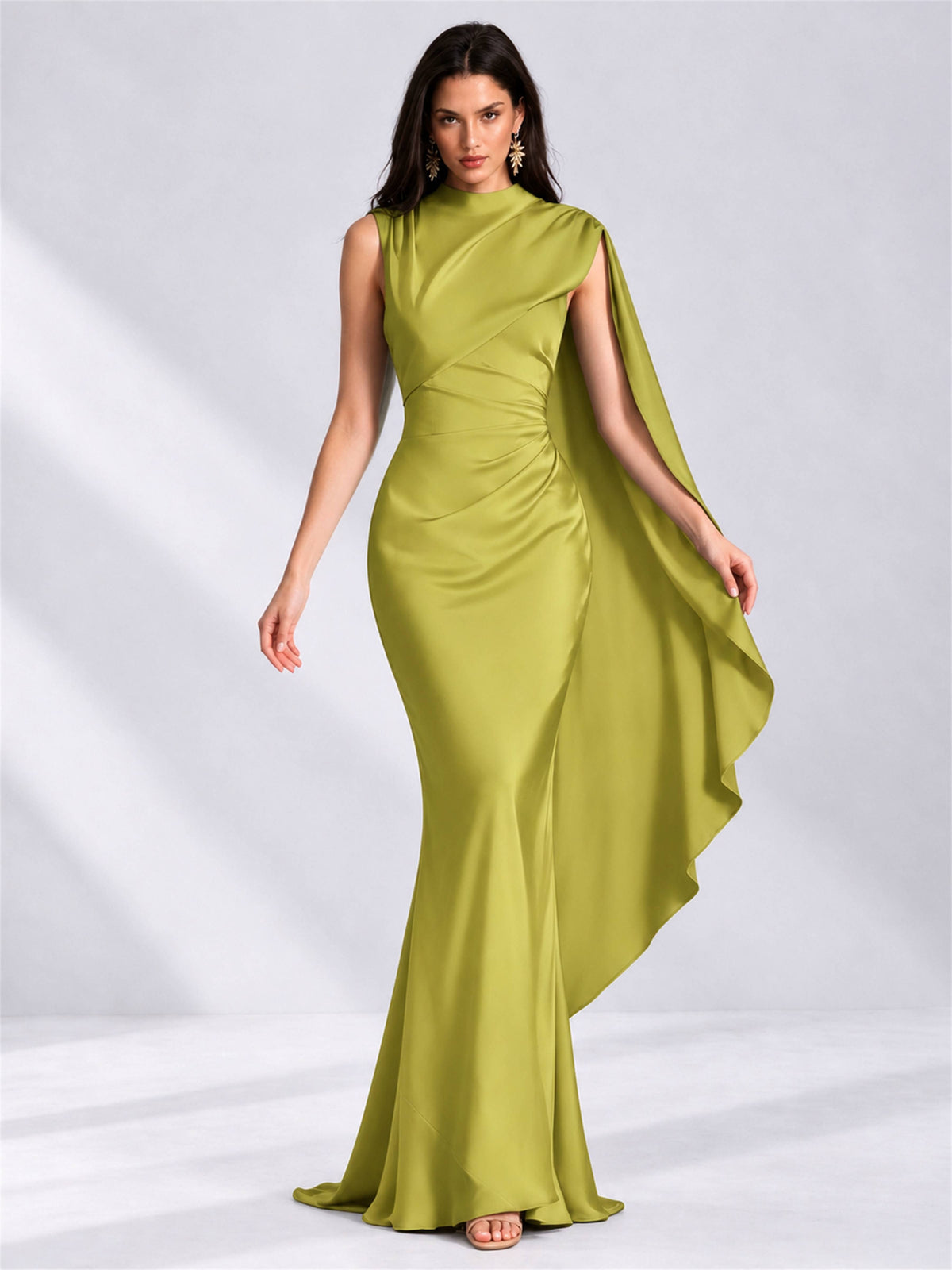 High Neck Mermaid Satin Lace Up Back Wedding Guest Dress with Cape