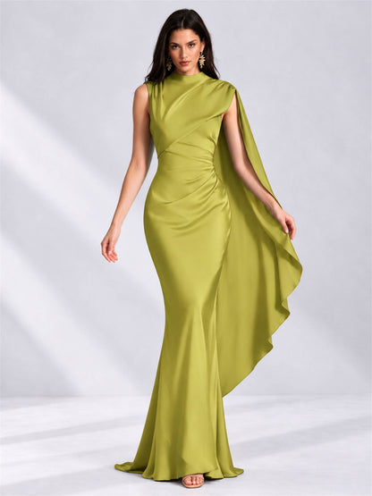 High Neck Mermaid Satin Lace Up Back Wedding Guest Dress with Cape