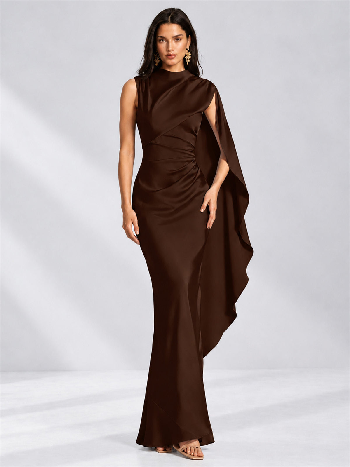 High Neck Mermaid Satin Lace Up Back Wedding Guest Dress with Cape