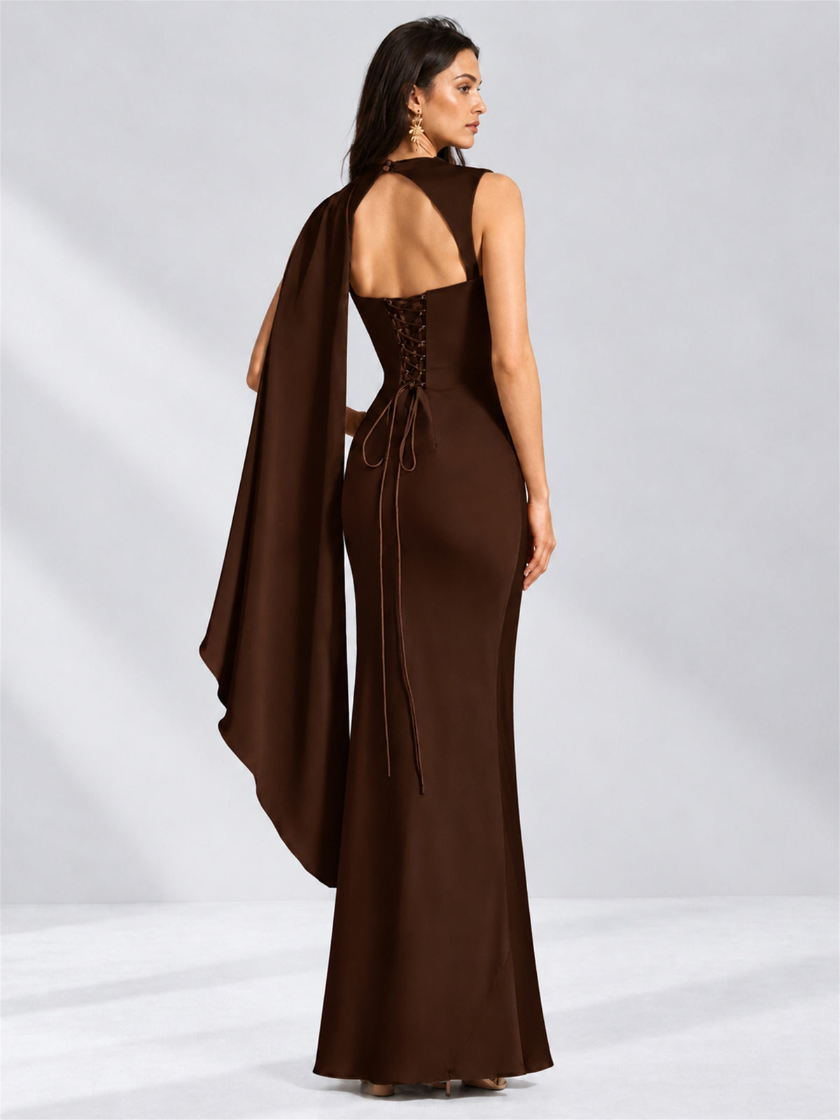 High Neck Mermaid Satin Lace Up Back Wedding Guest Dress with Cape