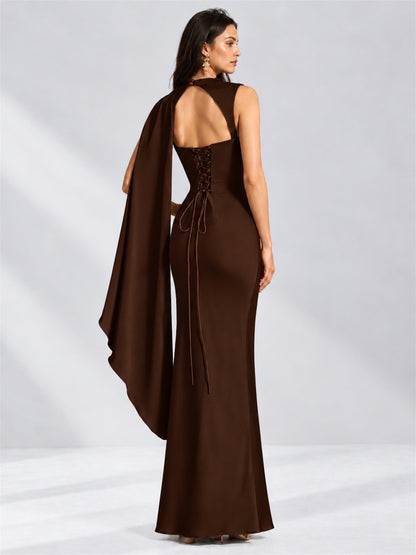 High Neck Mermaid Satin Lace Up Back Wedding Guest Dress with Cape